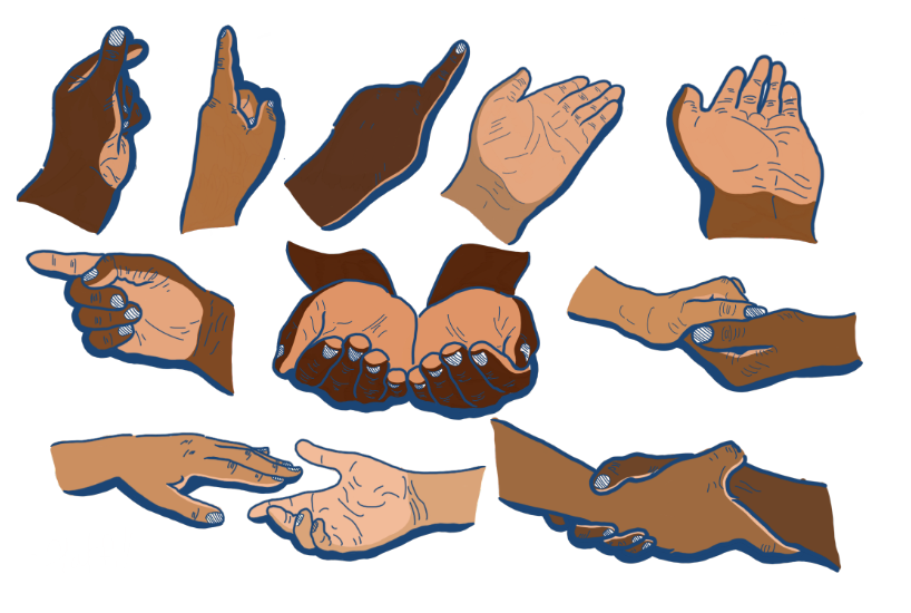 A set of 11 hands making different gestures in various shades of brown.